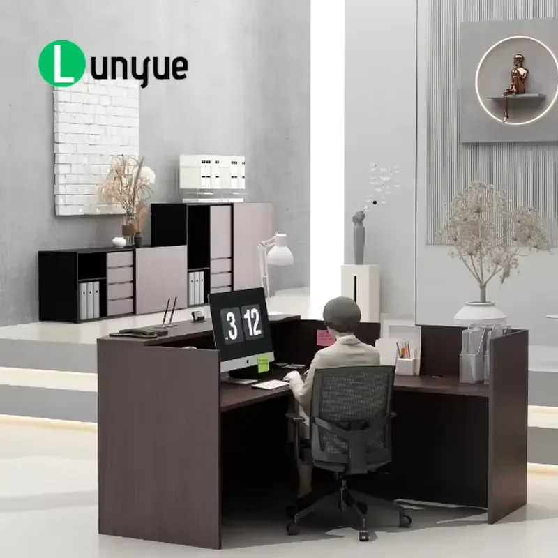 L-Shaped Wood Reception Desk Eco-Friendly Front Counter Custom Colors for Hotels Supermarkets Gyms Malls Offices
