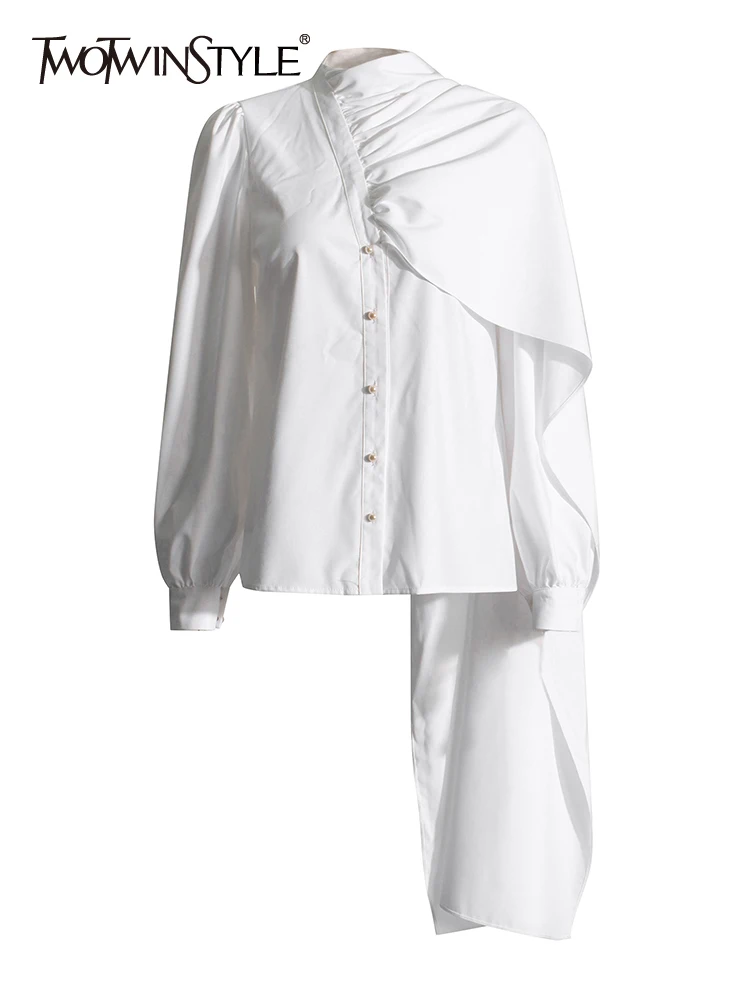 TWOTWINSTYLE Casual Minimalist Spliced Button Shirt For Women Scarf Collar Long Sleeve Patchwork Folds Loose Blouses Female New