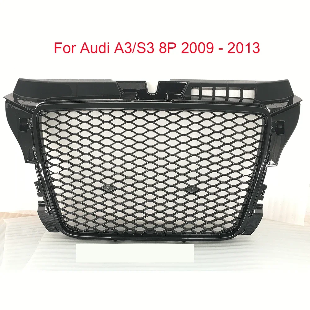 For RS3 Style Car Glossy Black Front Sport Hex Mesh Honeycomb Hood Grill Fits for Audi A3/S3 8P 2009 - 2013 Without Emblem