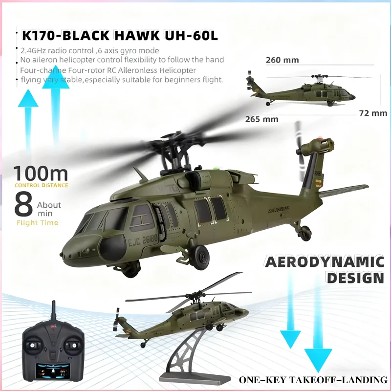 Wltoys جديد K170 طائرات هليكوبتر تعمل بالتحكم عن بعد 4 قنوات 6-محور الدوران فرش السيارات العسكرية الخضراء التحكم عن بعد طائرات هليكوبتر اللعب