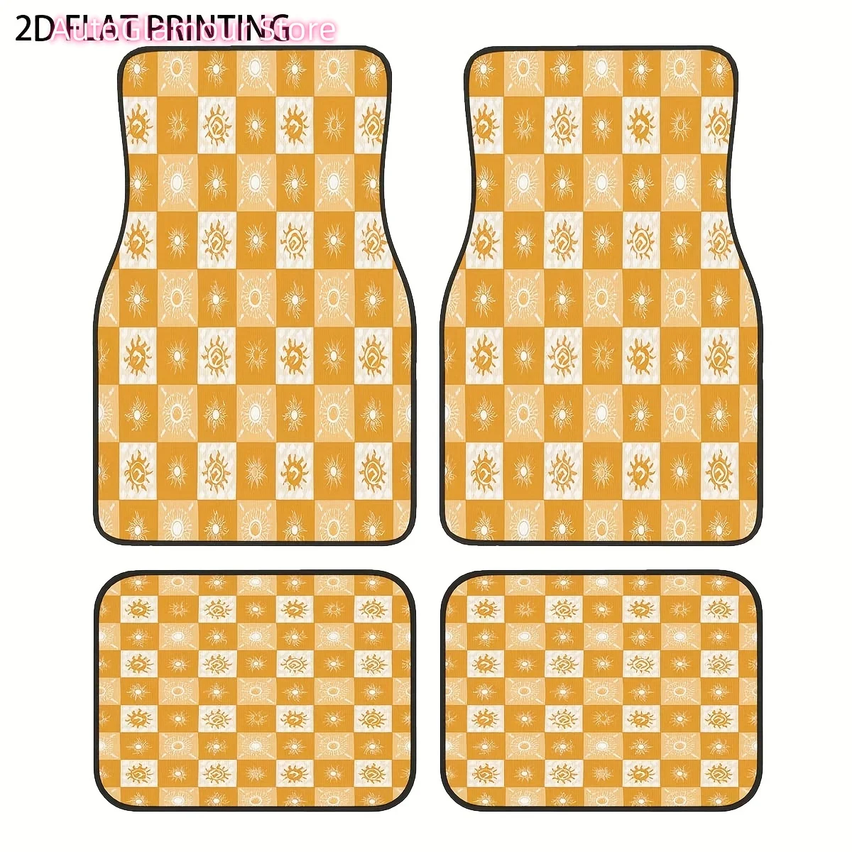 4-Pack Mustard Yellow and White Checkered Car Floor Mats with Black Beige Brown Pattern- Heavy-Duty All-Weather Car Mats, Non-Sl