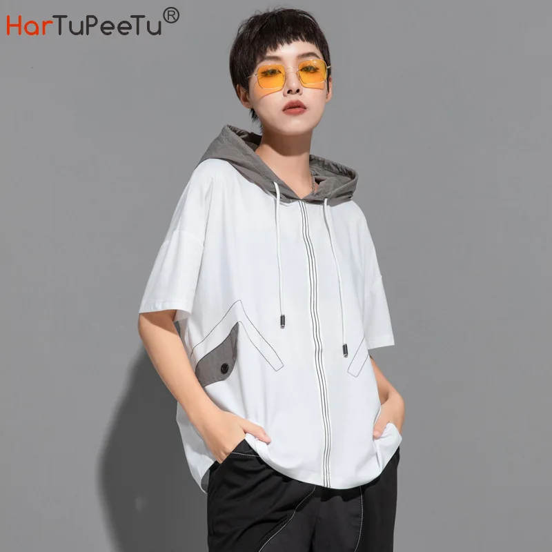 

Summer White Hoodies Women Loose Pullover Patchwork Colour Block Hood Black Drawstring Tops Bright Line Decorate Sweatshirts