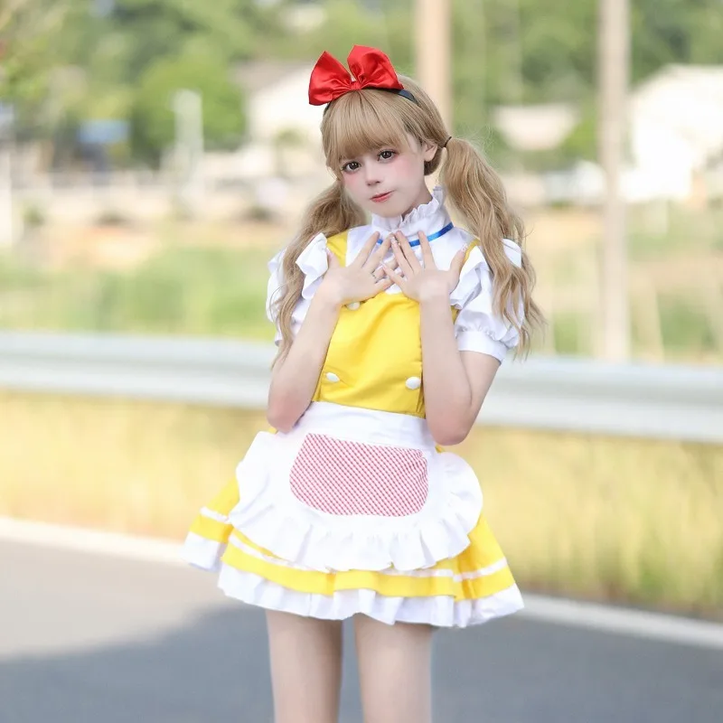 

Japanese Kawaii Maid Cosplay Yellow Sweet Lolita Dress Lovely Girl Student Uniform Cute Cat Cafe Harajuku Princess Dresses Women