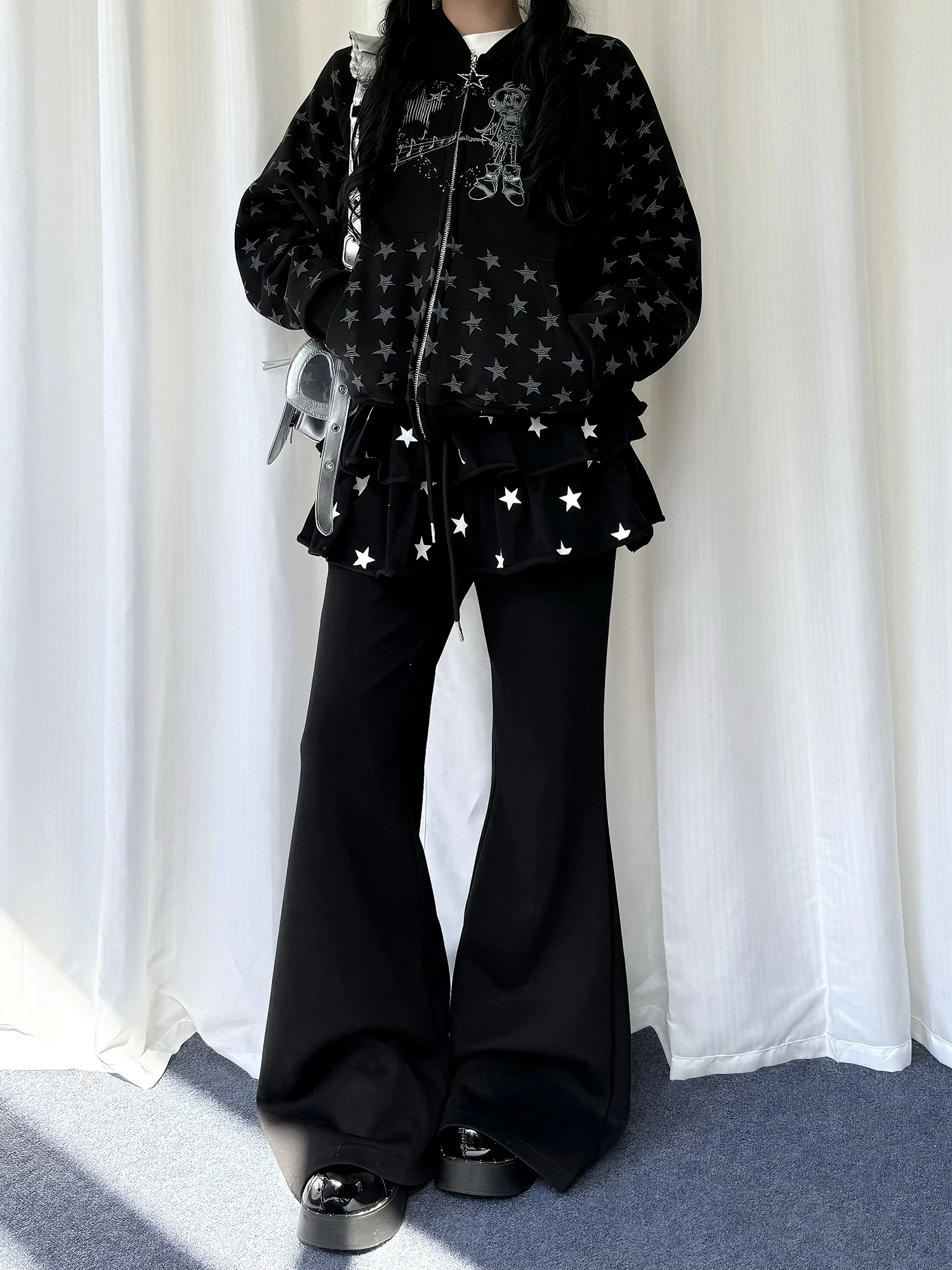 

Повседневные женские брюки-клеш в американском ретро-стиле с пэчворком, широкие, свободного кроя, с эффектом похудения