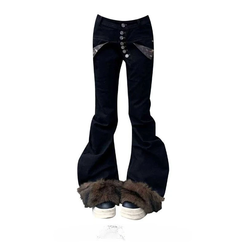 

Американские винтажные джинсы-буткат полной длины с эффектом потертости, пэчворком и искусственным мехом, в стиле Y2K, ретро, на пуговицах, облегающие, из денима, новинка 2026 года