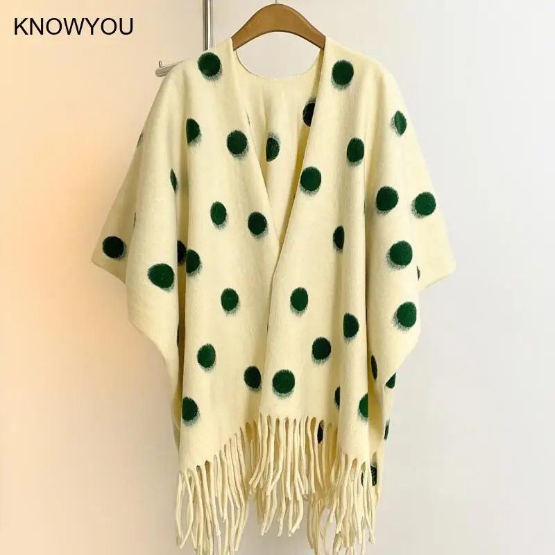 Polka Dot Shawl Big Size Split Wraps Women Warm Imitation Cashmere Pashmina Long Tassels Echarpes Autumn Winter Outwear Coat