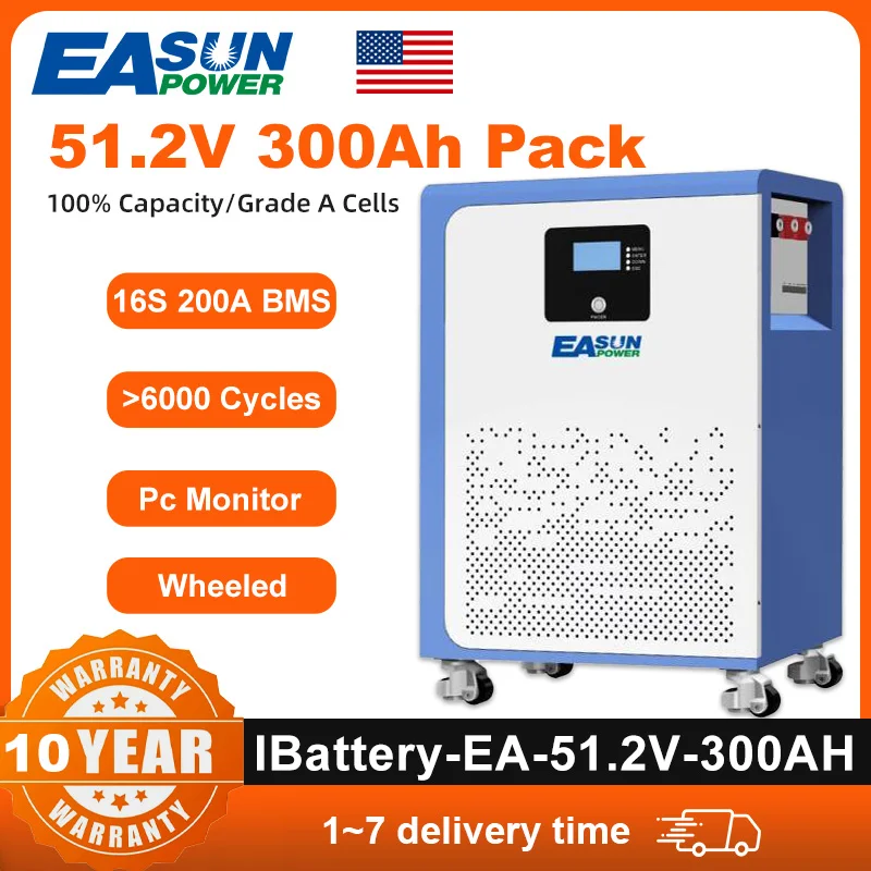 

EASUN POWER 300Ah/15kwh 200Ah/10kwh 100Ah/5kwh 48v 51.2v 16S Lifepo4 Lithium Iron Battery Pack Parallel 6000+ Solar and Home Energy