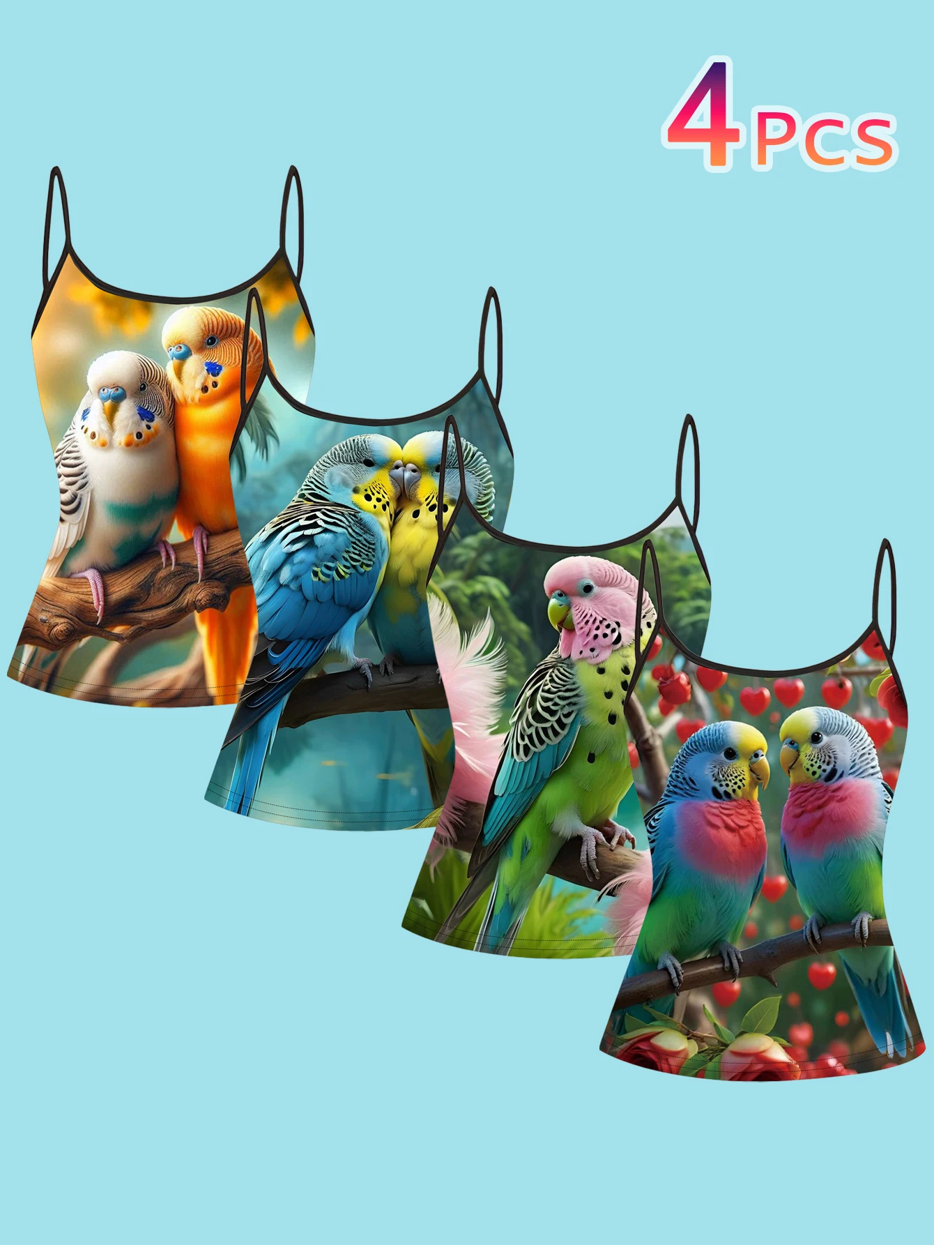 4-Piece Set of Couple's Parrot Print Camisoles, Colorful Finch Bird Thin-Strap Sleeveless Tops, Natural Style Slim-Fit Inner and Outer Wear Vest Set