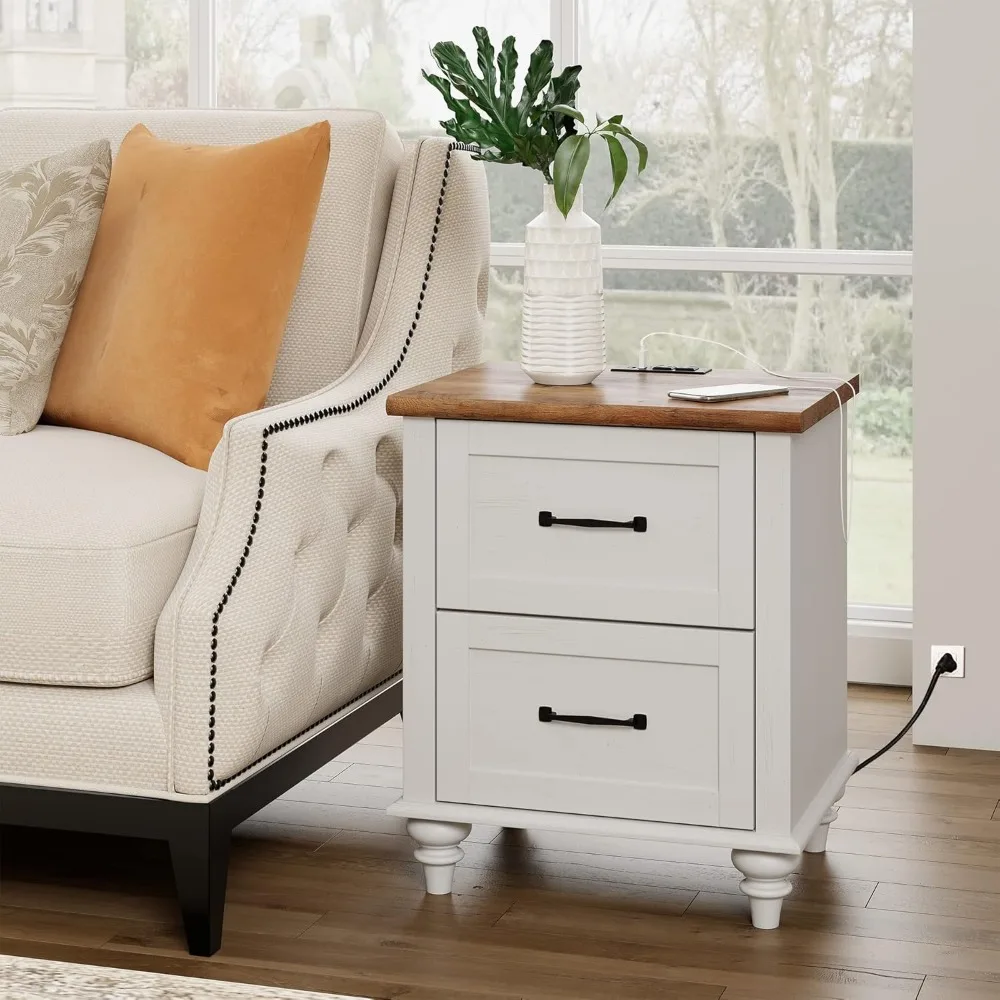 Nightstand with Charging Station,20 Inch Night Stand with 2 Drawers