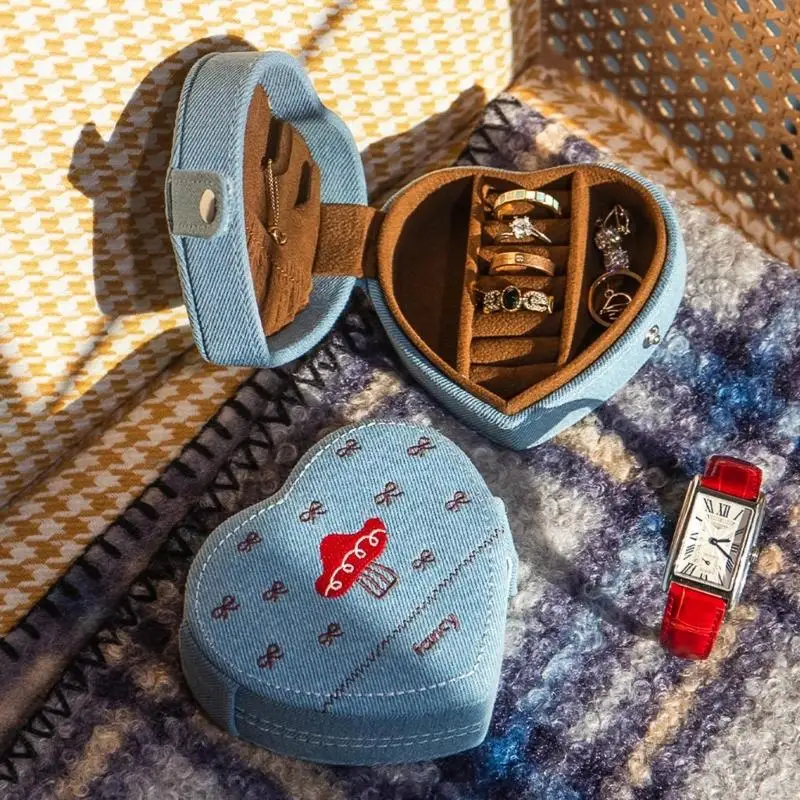 

Multi Functional Denims Jewelry Box Heart Design With Multiple Compartments For Earrings Necklaces Organizers 87HA