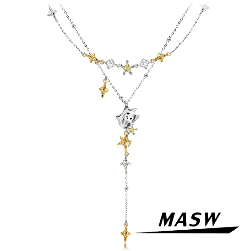 

MASW Original Design Cute Style Happy Party Two Layer Star Ghost Pendant Necklace For Girl Women Modern Jewelry Daily Wearing