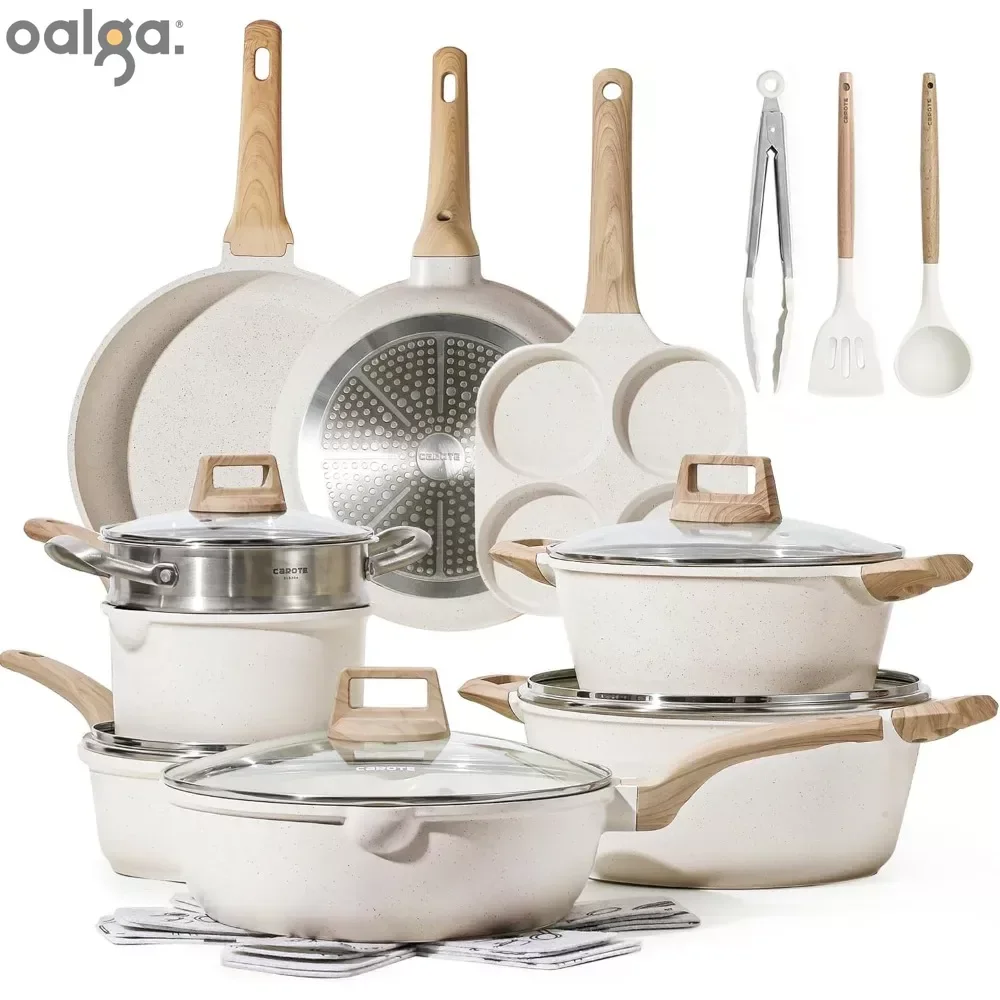 Juego de 3-7 ollas y sartenes, utensilios de cocina antiadherentes, utensilios de cocina de inducción de granito blanco, juego de cocina antiadherente con sartenes y cacerola