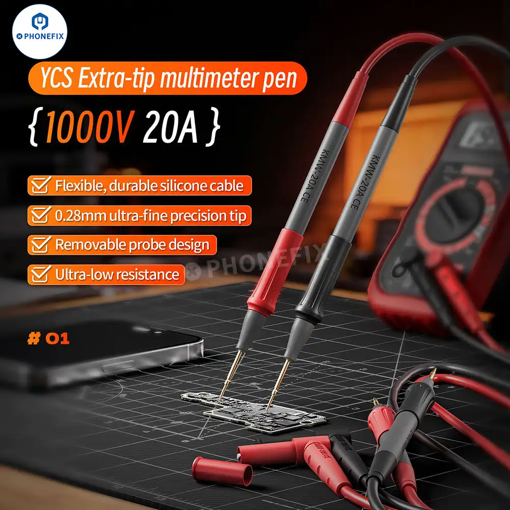 YCS 1000V 20A Extra-tip Multimeter Pen 0.28mm Needle 4 Probes All Copper Tinned Wire for PCB BGA IC High-precision Measurement