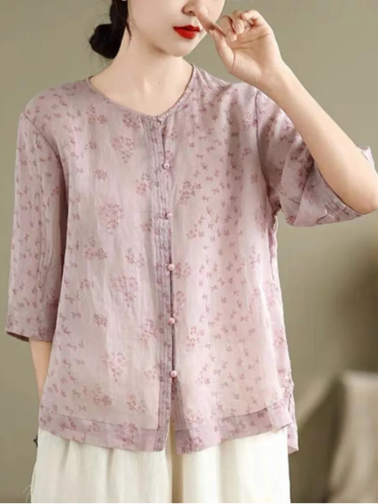

Новая женская летняя блузка из хлопка и льна с художественным цветочным принтом, коротким рукавом, на пуговицах, с круглым вырезом, тонкая, больших размеров, для повседневной носки