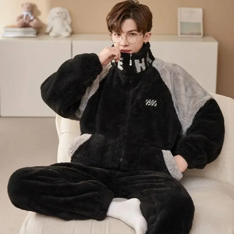 

Autumn /Winter Coral Velvet Pajamas Men's Thick Velvet Warm Zipper Set Winter Young Men's Casual Home Wear Can Be Worn Outside