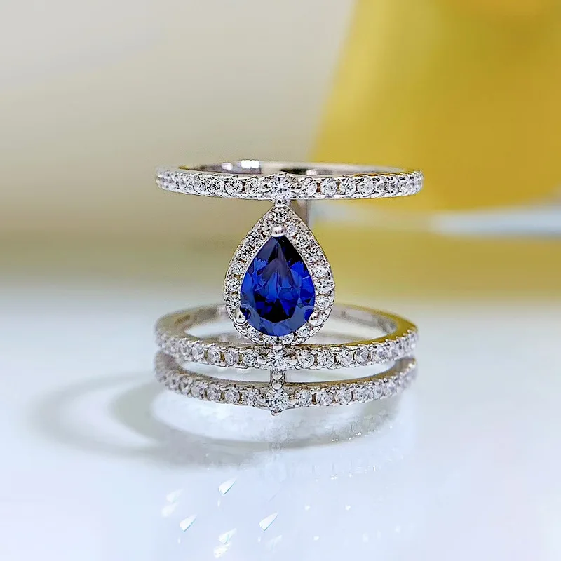 Shop 2023 New S925 Silver One Carat Pear Shaped Tanzanian Blue 5 * 7 Water Drop Ring Ring Fashion Style