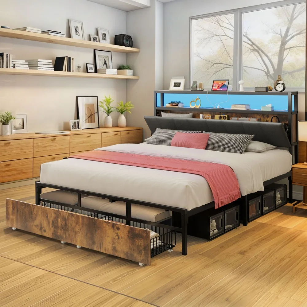 

Bed Frame Queen Size w/ Wheeled Drawers Lights Hidden Headboard Storage