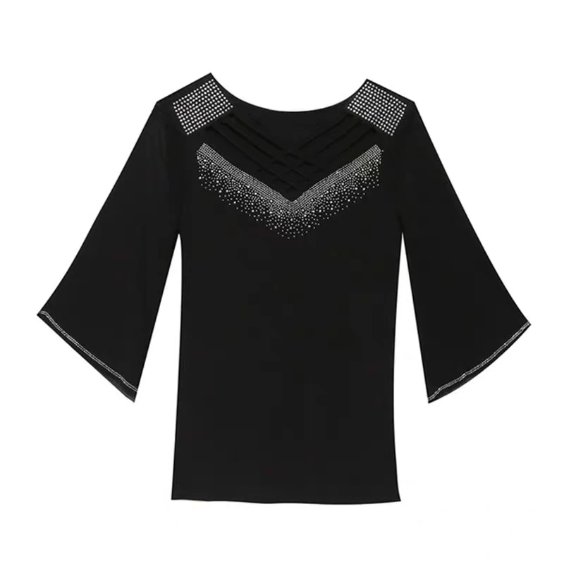 2024 Summer New Women Mesh Tees top Fashion Sexy Cross Hollow Out Hot Diamond 3/4 Sleeved Bottoming Shirt Elasticity t-Shirt