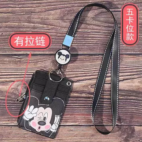 Disney Mickey Minnie hanging neck  card holder card Stitch Cartoon ID card  leather StellaLou case bus card hold Coin Purses