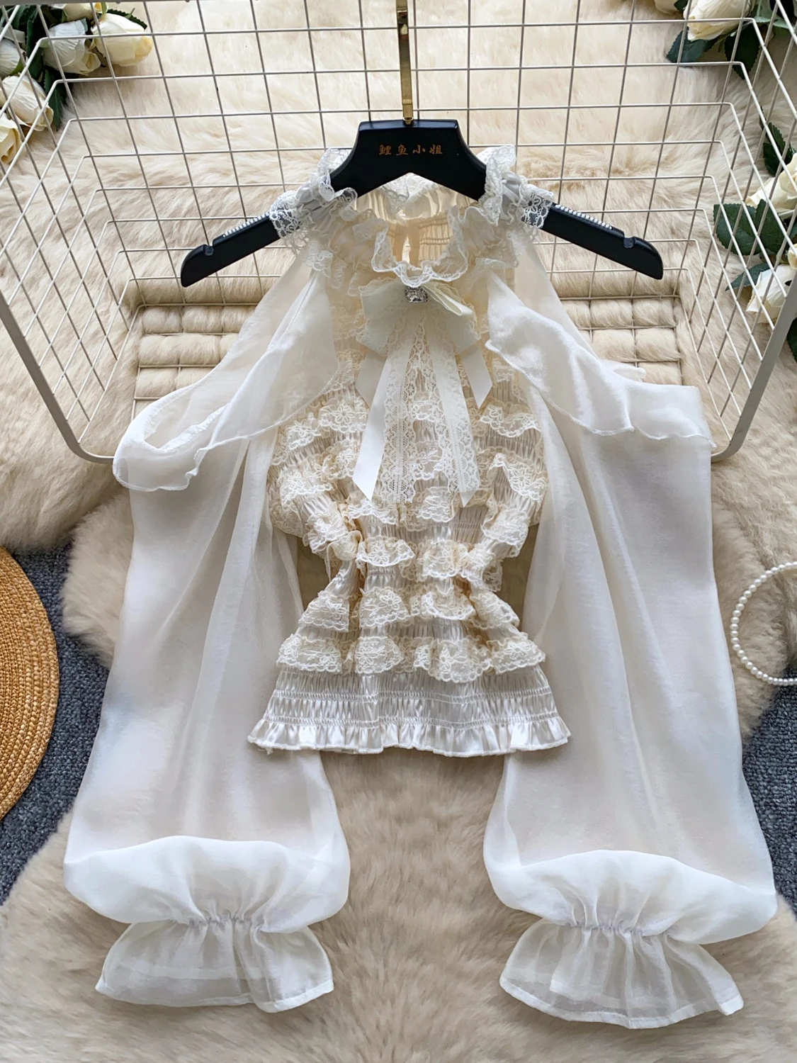 French Style  Knot Lace Shirt Women Long Sleeve One Shoulder Design Slimming Top Spring Autumn Polyester Fiber