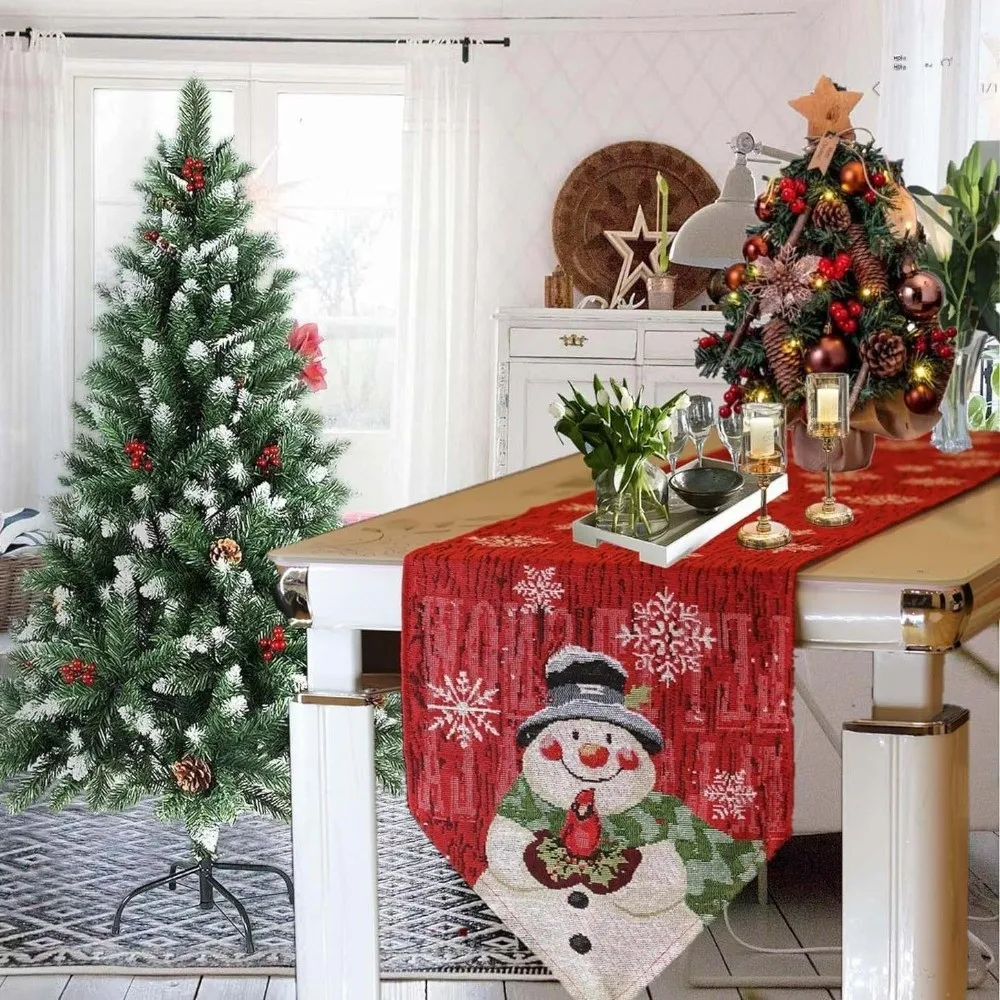 Flower Contrast Color Christmas Table Runner Red Smooth Xmas Desktop Decoration Tree 180x33CM Santa Claus Tablecloth Banquet