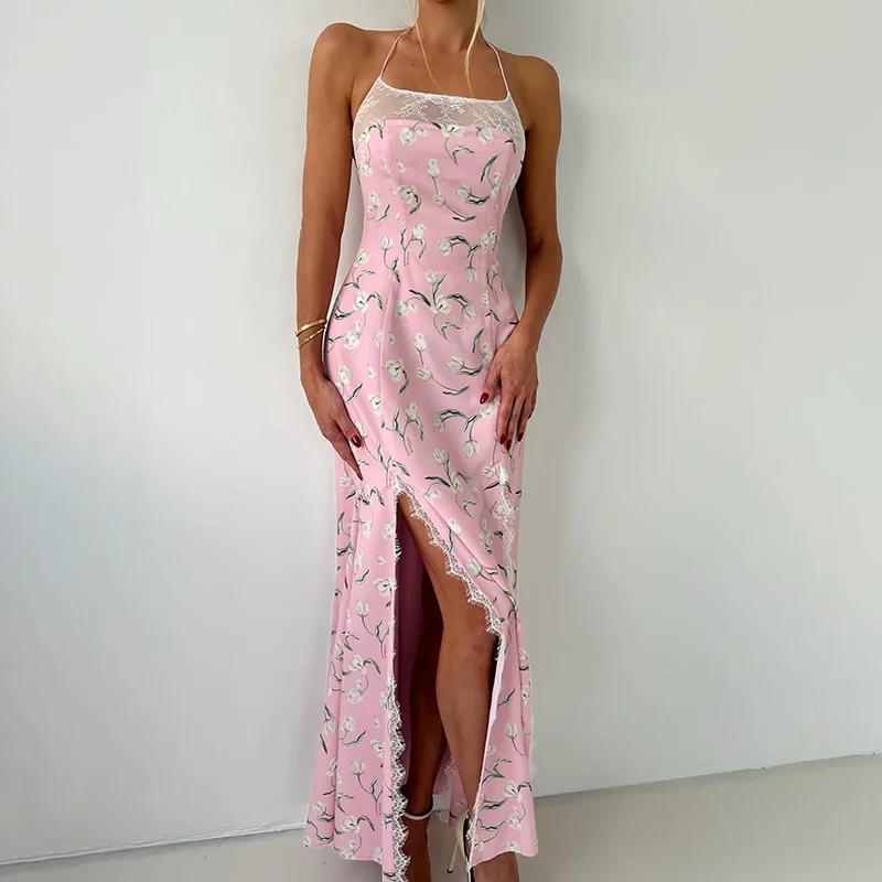 

2025 Slim Slit High Waist Banquet Dress Female Sleeveless Printed Long Dress For Women Lace Splice Sexy Halter Fashion Dress