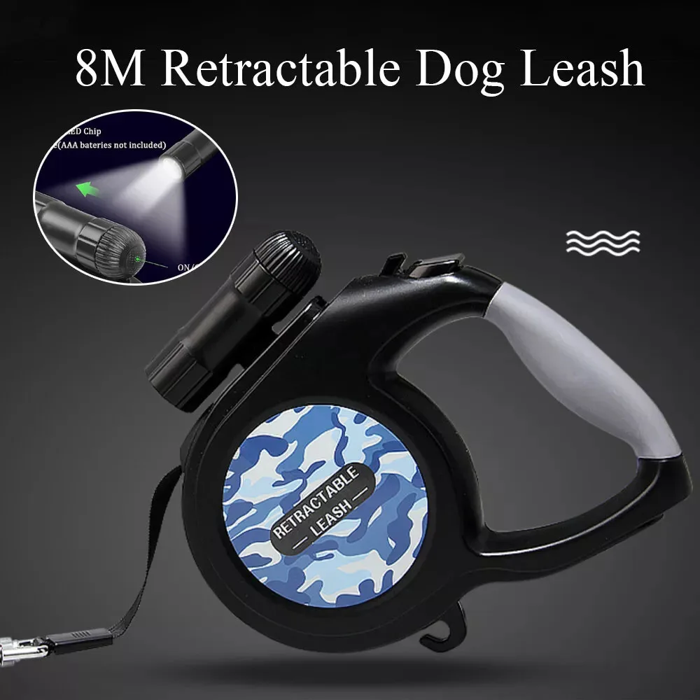 8M Nylon Pet Lead Leash with LED Light Strong Retractable Durable Extendables Lockable Tapes For Max 50KG Large Dog