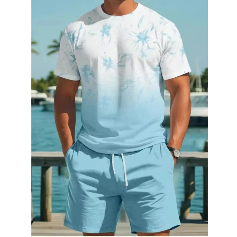 2025 Summer Men's Sportswear T-shirt Set 3D Printed Tropical Floral Women's Round Neck Short Sleeved Shorts Beach Vacation Suit