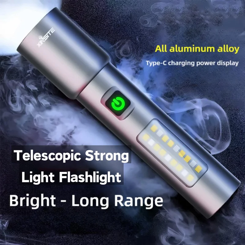 Portable Zoomable LED Flashlight All Metal Body Type C Charging Side COB Light Power Indicator Outdoor Camping Torch