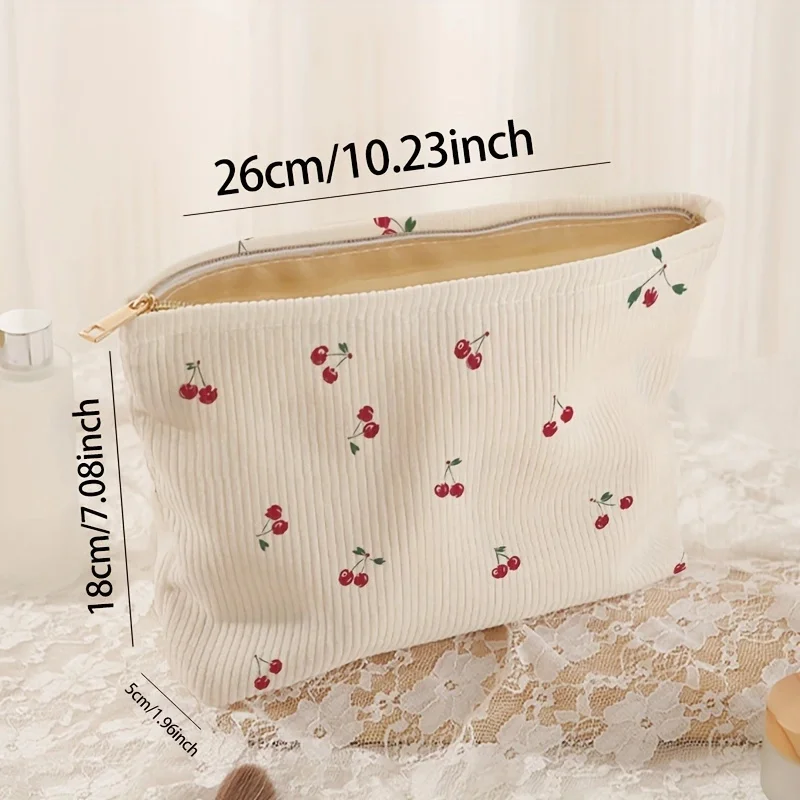 Fashion Cherry Printed Corduroy Makeup Bag Large Capacity Lightweight Zipper Makeup Storage Box Multifunctional Bag with Lining
