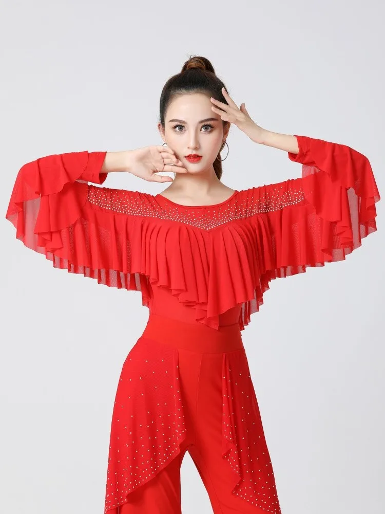 Ropa de baile en Barra de salón con volantes para mujer, Top estándar de Ballet, traje Latino elegante, traje moderno para Festival, camisa de calle de Jazz