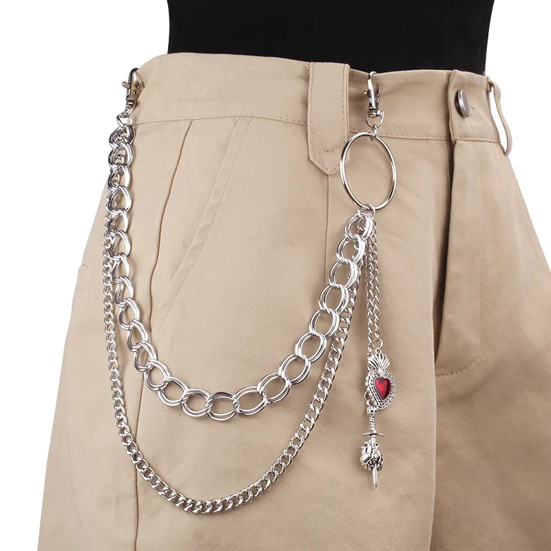 Fashion Red Rhinestone Heart-shaped Pants Chain, Y2K Gothic Punk Harajuku Rock Hip Hop Cosplay，spring，summer