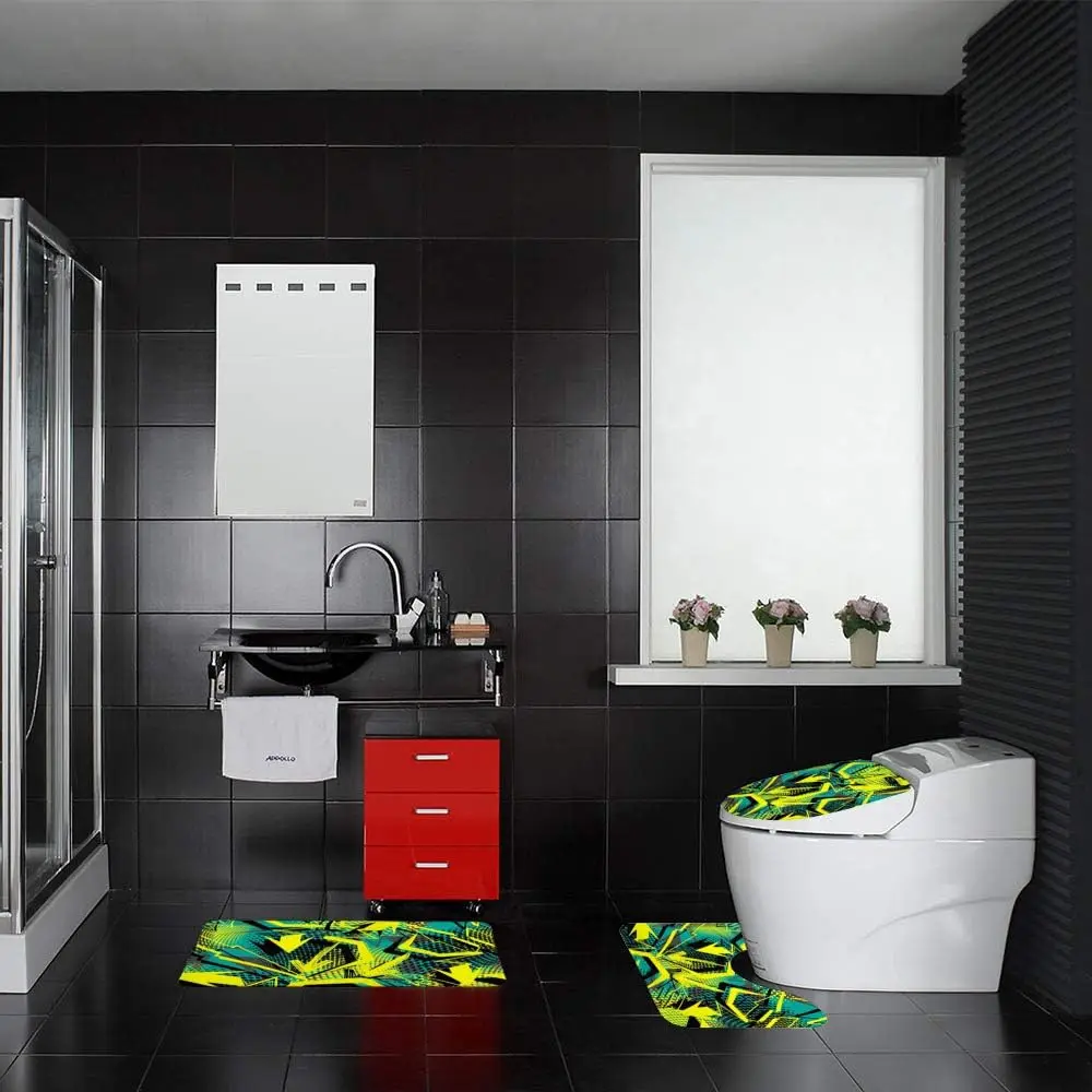 

Bathroom 3-piece set Modern geometric arrow design non-slip absorbent bathroom mat, toilet seat cover and U-shaped contour rug