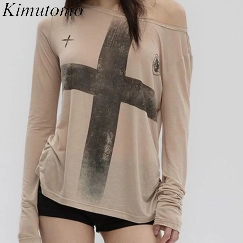 

Kimutomo T Shirts Women Cross Printed Long Sleeve Loose Diagonal Collar Off Shoulder Vintage Y2k Harajuku Tops Female Casual