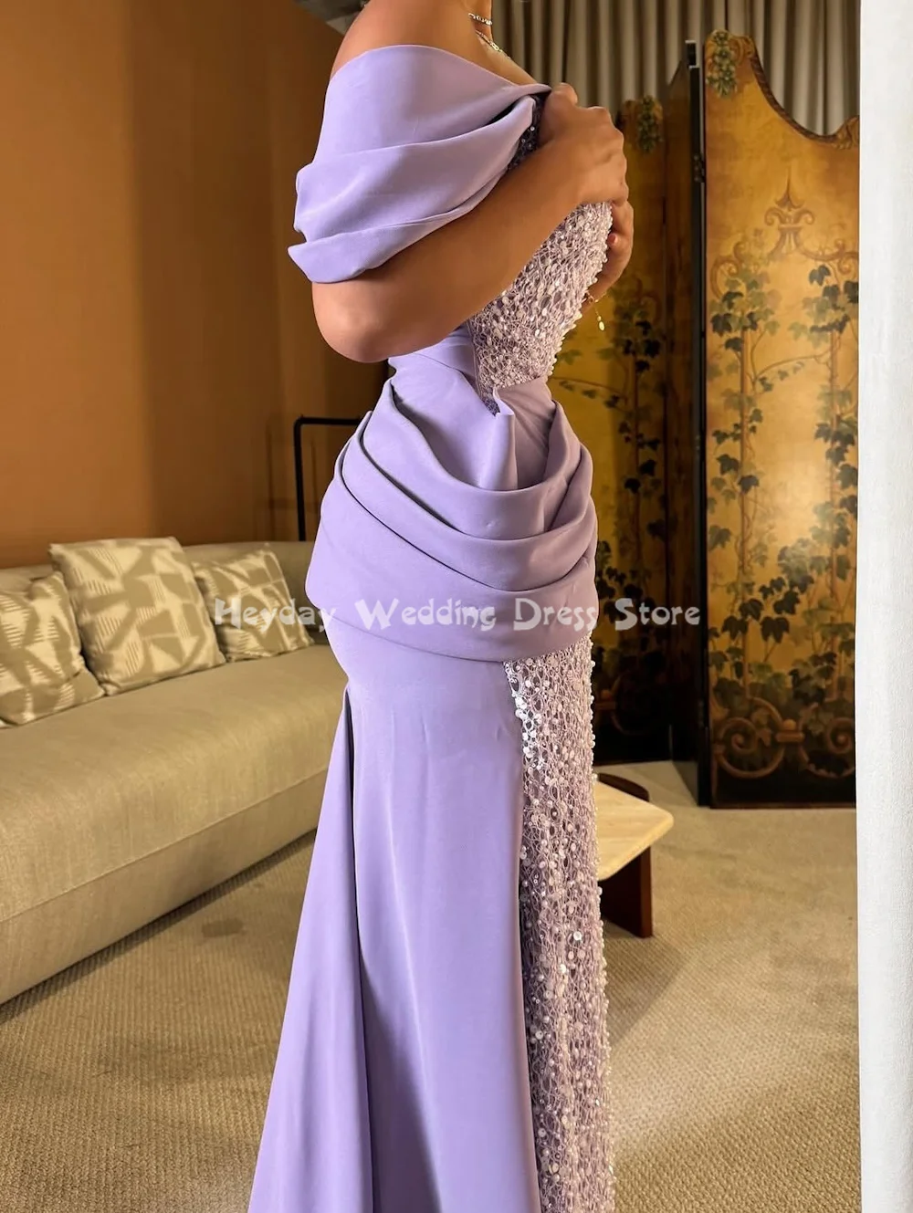 헤이데이 여성 패션 오프숄더 플리츠 머메이드 사우디 이브닝 드레스 (짧은 소매, 정장, 우아한 드레스, 2025)