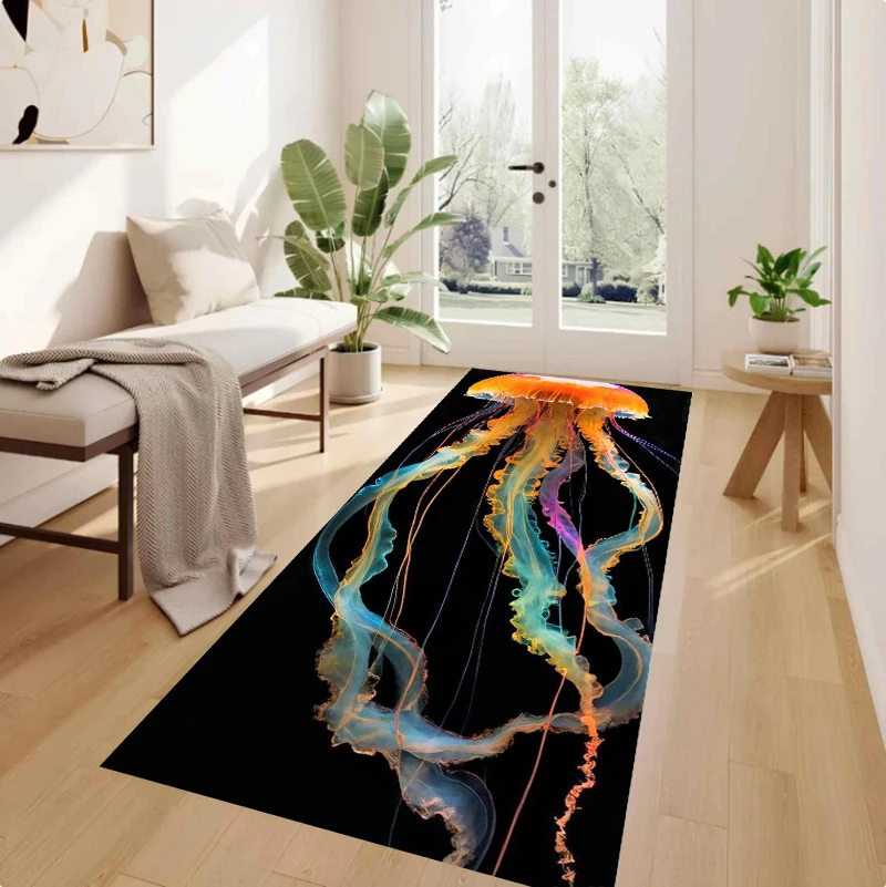 Luminous Glowing Jellyfish Area Rug 3D Ocean Marine Life Print Non Slip Runner Rug for Living Room Bedroom Hallway Home Decor