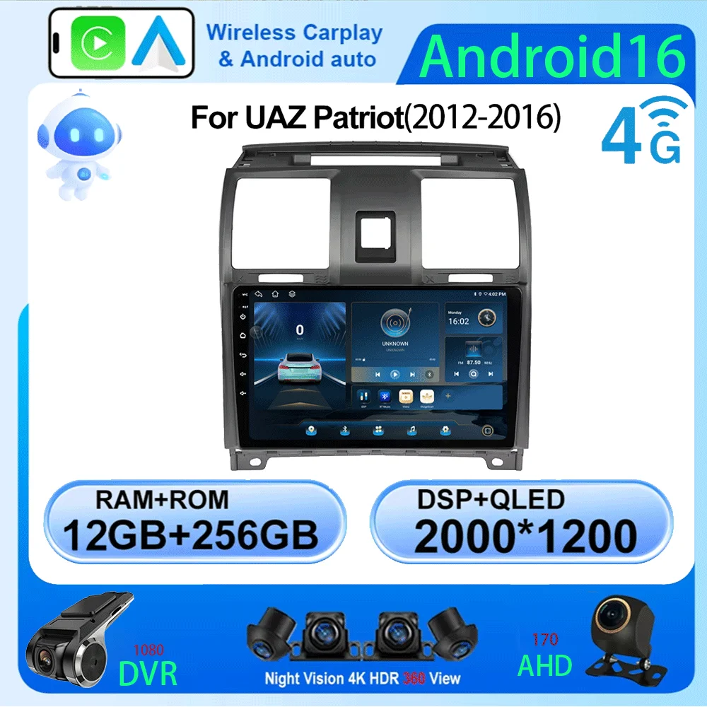 

Автомагнитола Android 16 для УАЗ Патриот 2012-2016, 2DIN, с CarPlay, GPS-навигатором, автомобильным стереоприемником, 4G+5G+WIFI