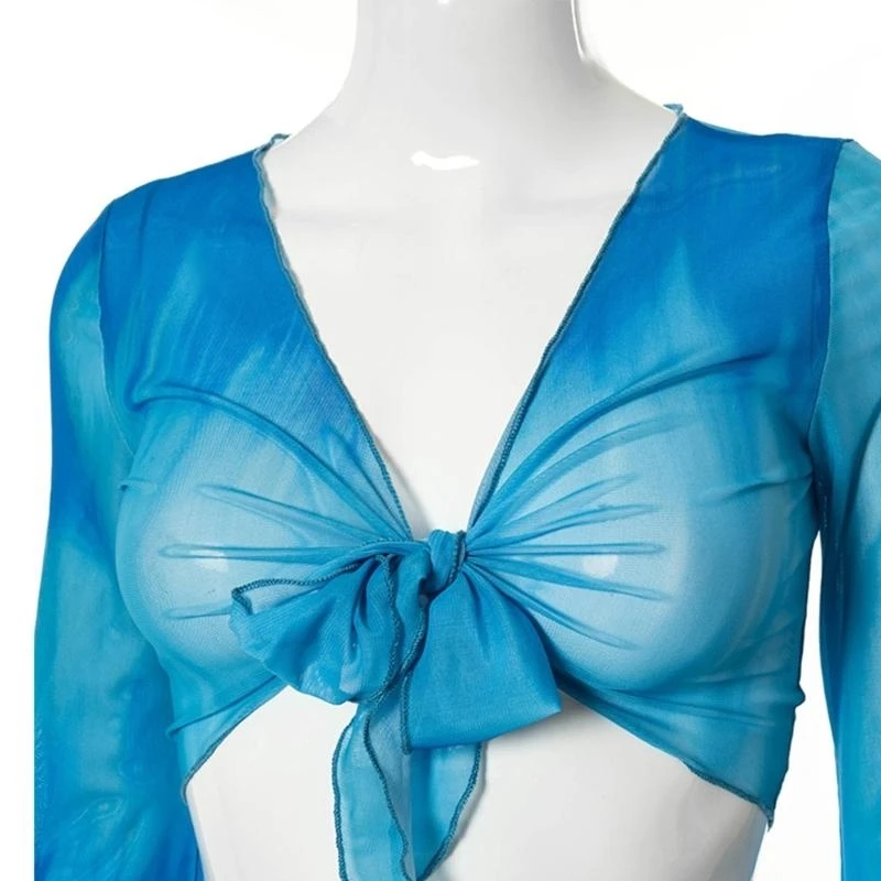 Donna 2 pezzi Tie-Dye Mesh Cover Up manica lunga Crop Top e minigonna arricciata Set H7EF