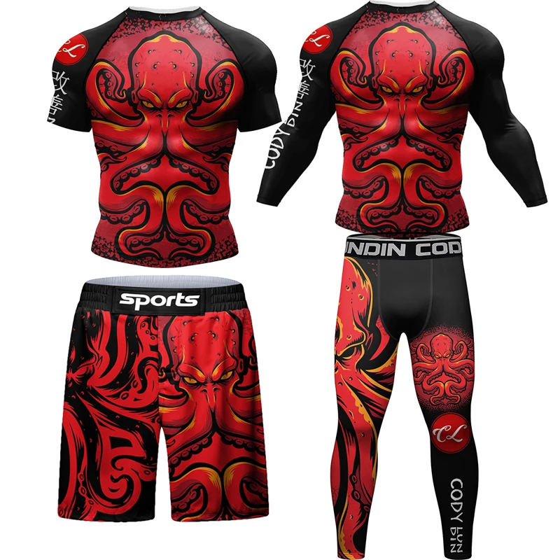 Nowe bokserskie koszulki z Jiu jitsu Rashguard + spodnie szorty MMA Bjj Kickboxing garnitury męskie Muay Thai bojowe rajstopy na siłownię odzież