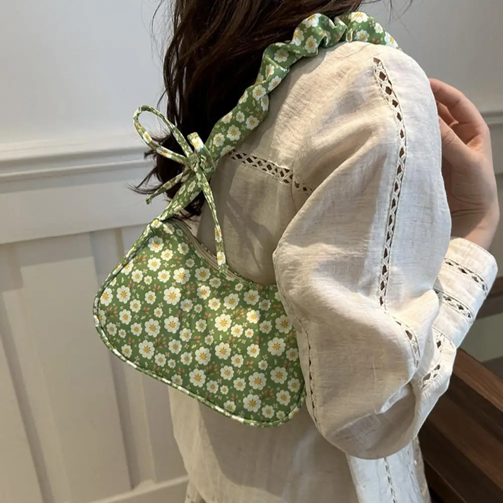 Women Small Corduroy Handbag Cute Pleated Shoulder Bag Purse Flower  Print Little Tote Underarm Bag Half Moon Design Purse