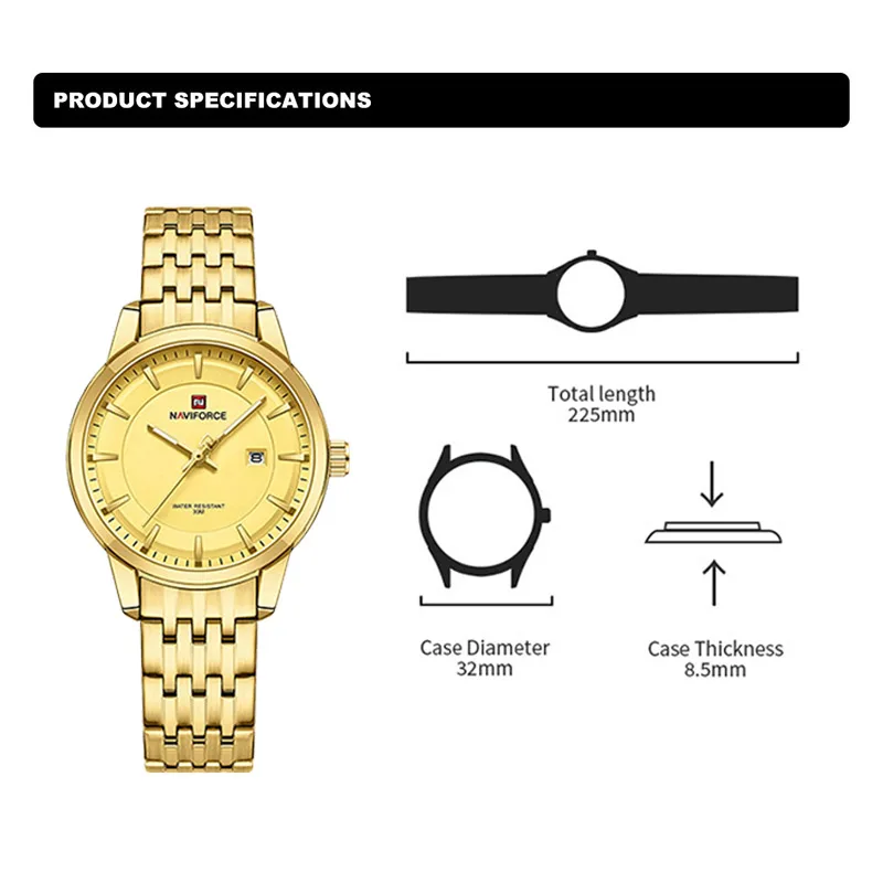 NAVIFORCE Brand Women Calendar Quartz Watch Stainless Steel Band Stylish Waterproof Luminous Couple Wristwatch Relogio Feminino