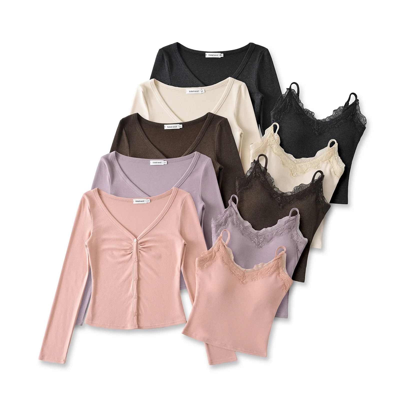 Ballet-style sexy two-piece set: padded camisole with inner layer + V-neck single-breasted long-sleeve top set   FYES