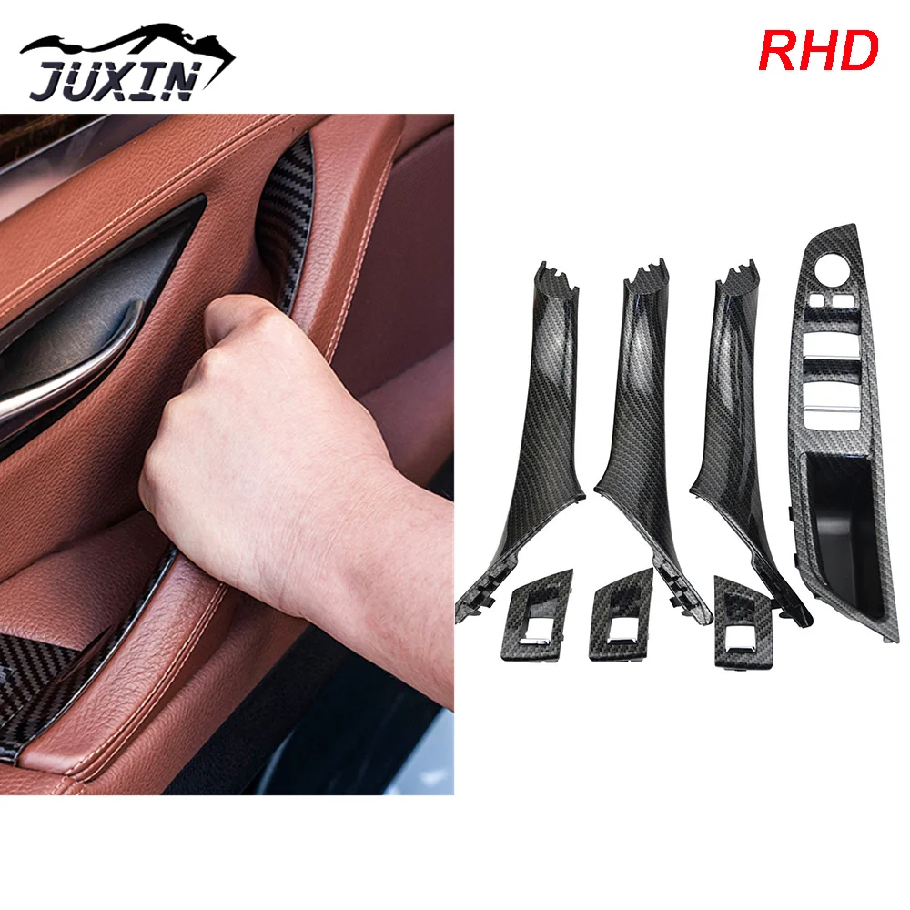 Inner Door Panel Handle Pull Trim Set Window Switch Armrest Pane Fit For BMW 5 Series F10 F11 Carbon Fibrer RHD