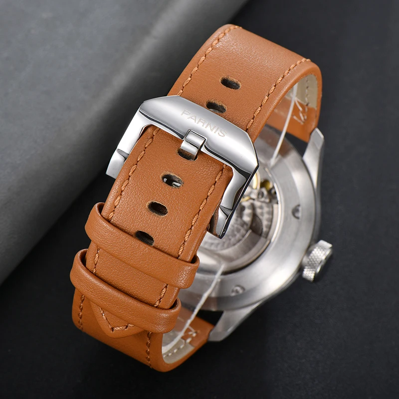 Fashion Parnis 46.5mm Gray Dial Automatic Men Watch Leather Strap Calendar Mechanical Men\'s Watches Luxury 2024 Man Gift Clock