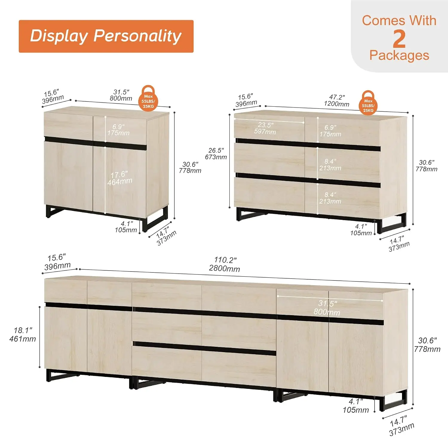 TV Stand For 100 Inch TV, Console With Doors & 6 Drawers, Shelf Cabinet For Living Room & Bedroom, Light Oak, Customized