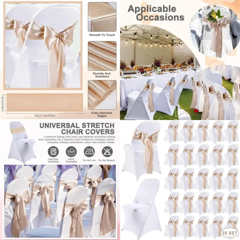 

50 Pack Folding Chair Covers with 25 Spandex Slipcovers and 25 Satin Bows for Weddings and Events (White, Light Champagne)