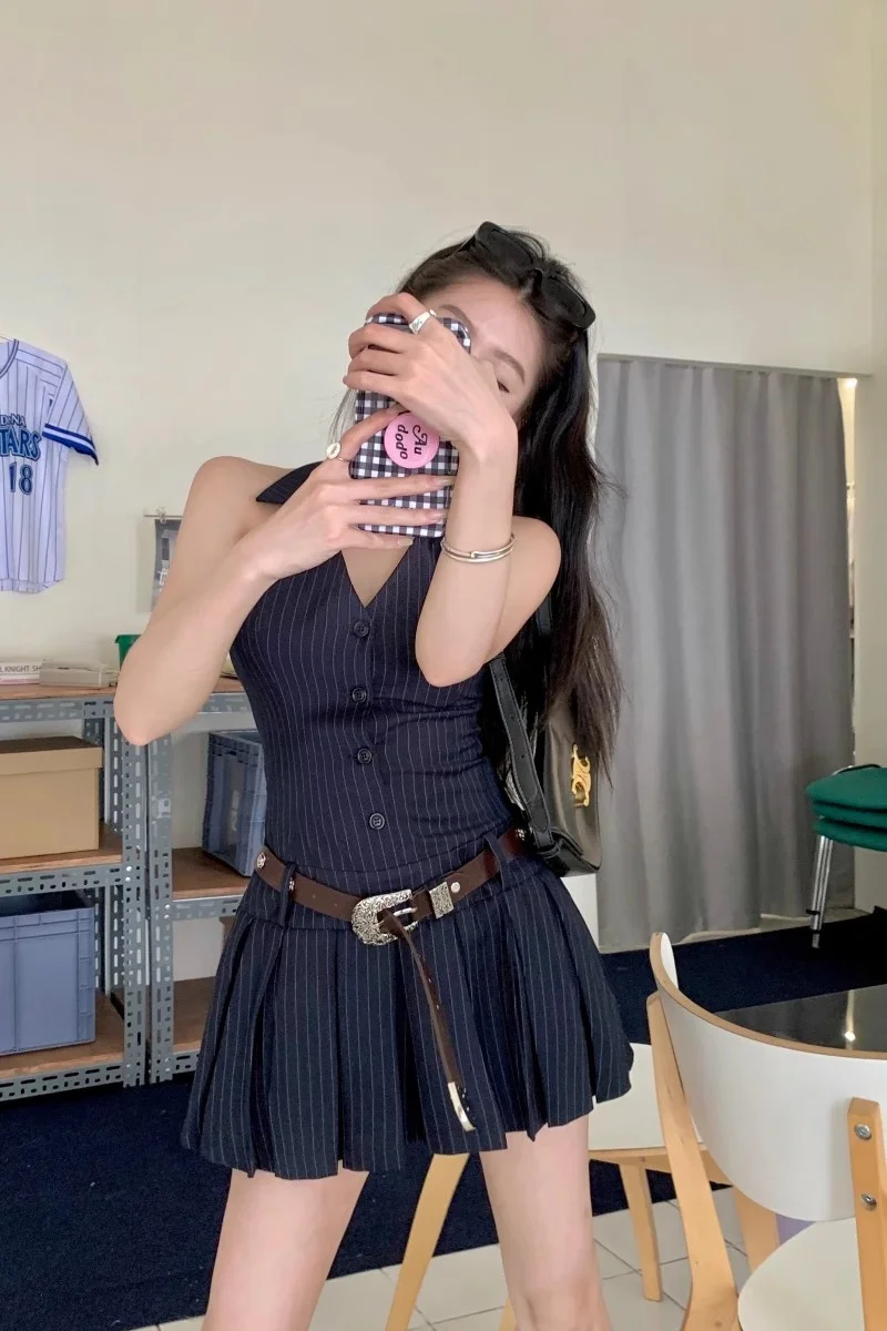 فستان مخطط برقبة على شكل حرف V على الطراز الفرنسي، مزاج حزام الخصر للأطفال، بدون أكمام على شكل حرف A Pl #6