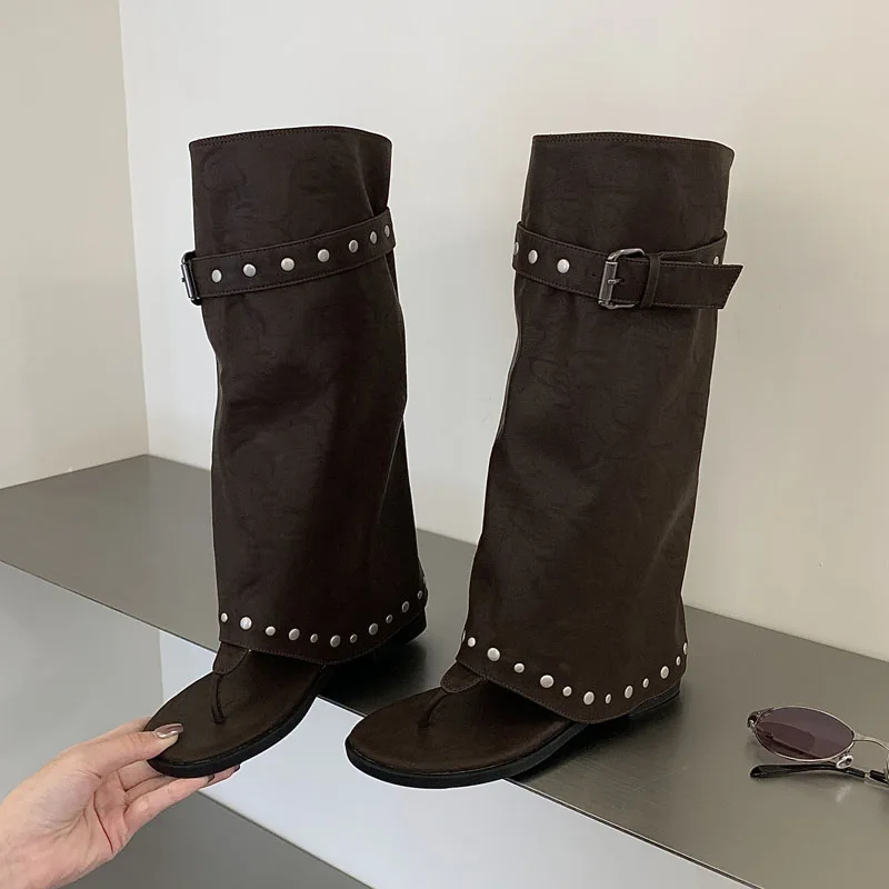 Eilyken Vintage Comfortable Low Heels Round Clip Toe Women Knee-High Boots Sandals Designer Rivet Belt Buckle Summer Shoes - view 3