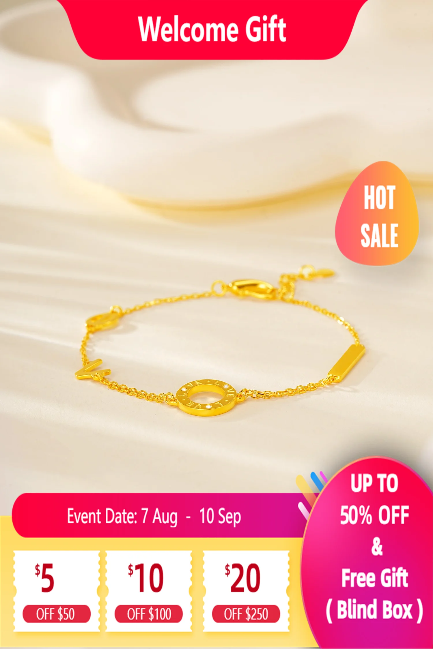 

Lium Gems 24K Gold Vermeil 925 Sterming Silver LOVE letters Chain Bracelets 19.cm(7.6")Adjustab Clasp Link Chain Bracelets