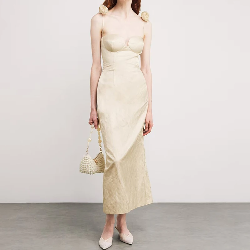 

Women's dress New 3D flower decorated sleeveless long dresses for summer 2025 Sexy backless suspender midi dresses party dresses